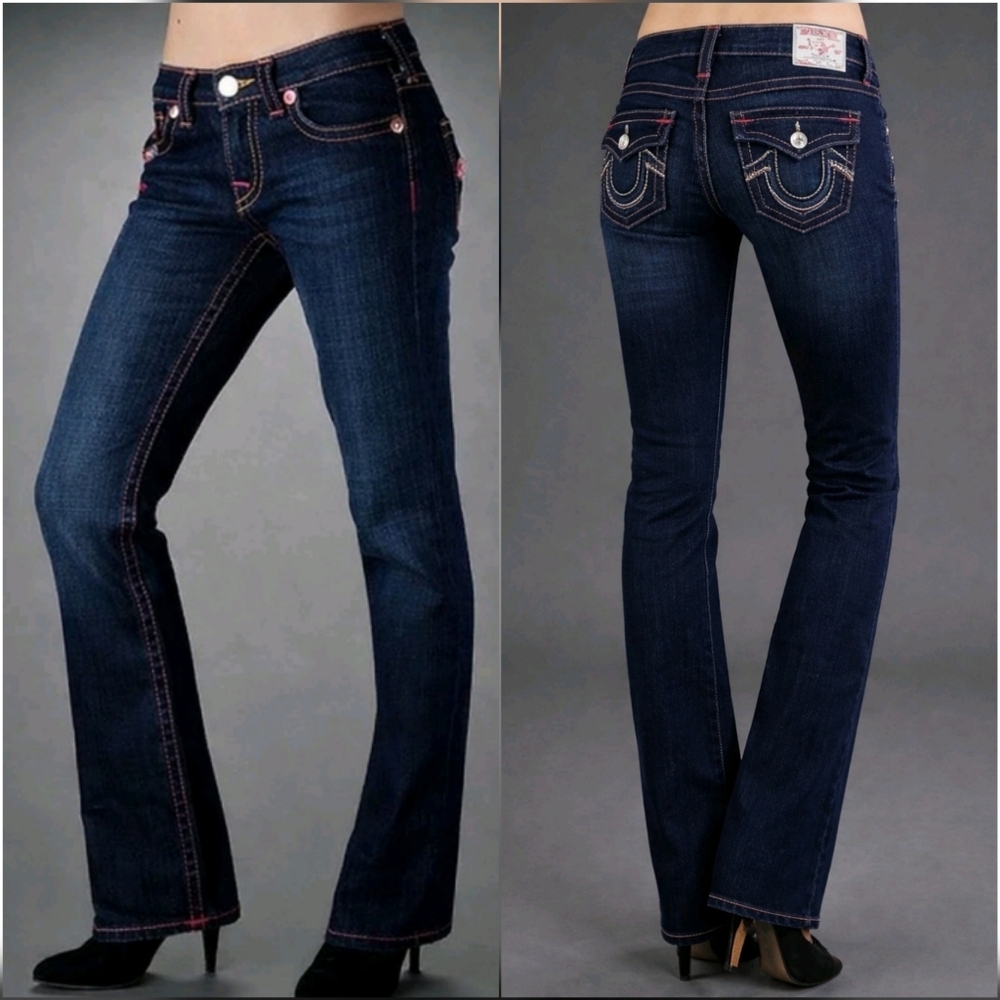 True Religion Billy Pink Rainbow Stitch Low Rise Straight Leg Jeans SZ 4 x 32L